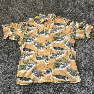 Vtg Reyn Spooner Hawaiian Shirt Mens Large Yellow Classic Car Beach Scene Print